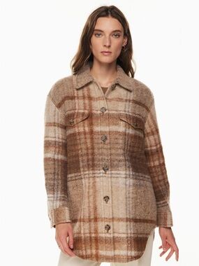 Aritzia Wilfred Ganna Brown and Cream Plaid Teddy Shacket Size M 75% Wool Laine